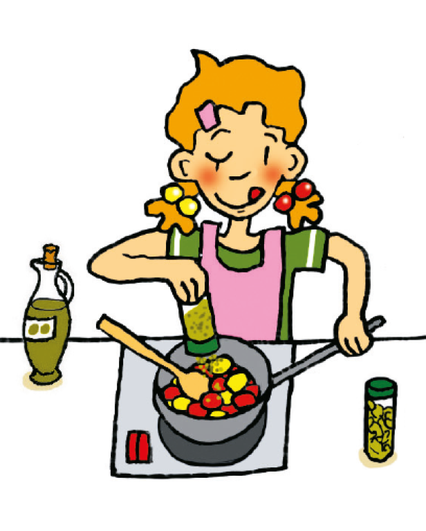 Ein Mädchen mit Zöpfen kocht Paradeis-Pasta.