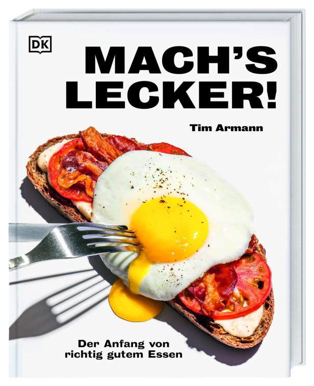 Das Kochbuch „Mach's lecker!“ von Tim Armann mit einem belegten Brot auf dem Cover.