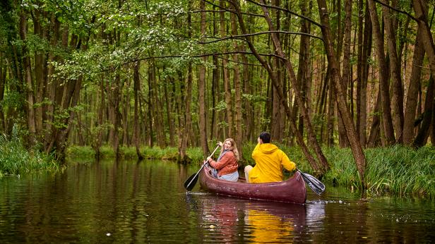 Ein Paar paddelt in einem Kanu durch einen grünen Flusswald.