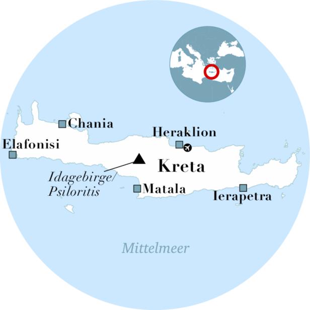 Eine Karte von Kreta mit den Städten Chania, Heraklion, Matala und Ierapetra sowie dem Idagebirge/Psiloritis.