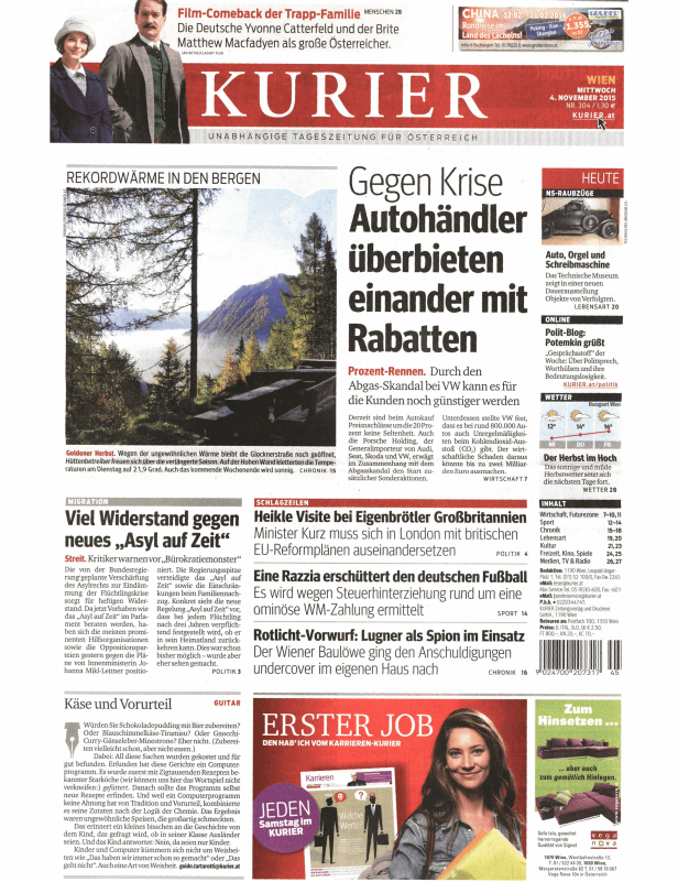 Titelseite der Zeitung „Kurier“ vom 4. November 2015 mit verschiedenen Artikeln.