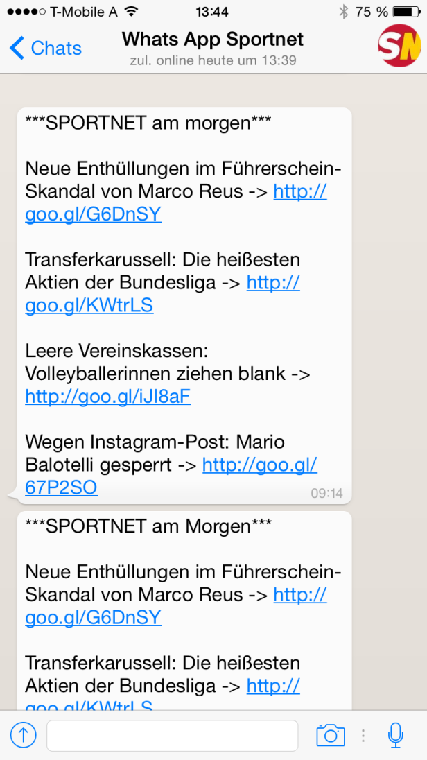 Sportnet.at nutzt WhatsApp
