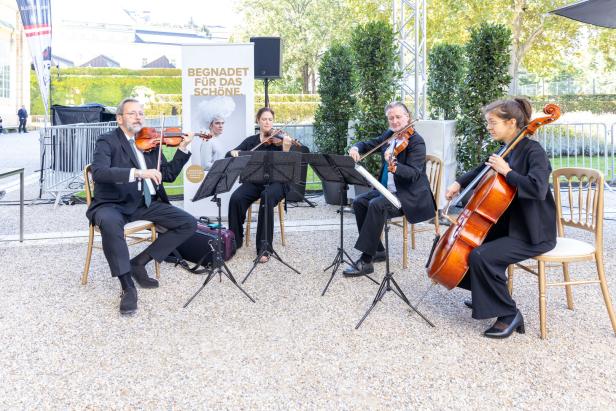Ein Streichquartett spielt im Freien auf einer Veranstaltung.