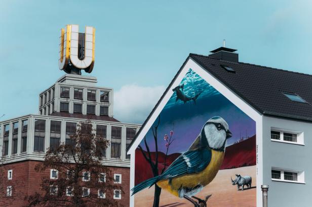 Ein Gebäude mit dem Dortmunder „U“ und ein Haus mit einem Wandbild von einem Vogel, einem Hai und einem Nashorn.