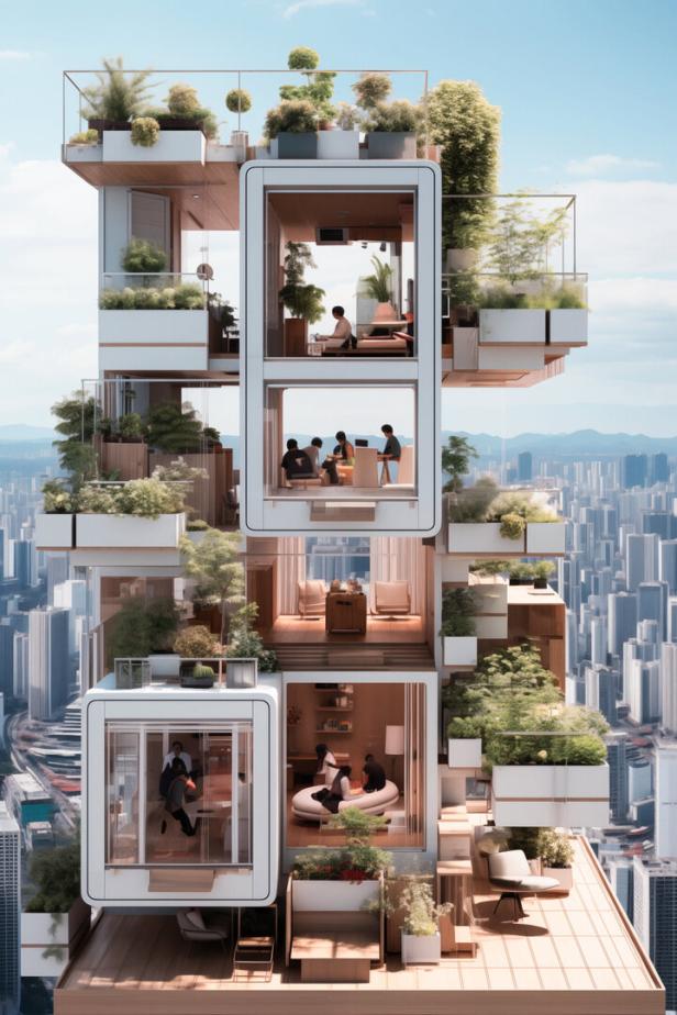 Ein futuristisches, mehrstöckiges Gebäude mit begrünten Terrassen und Menschen in den Wohnbereichen.