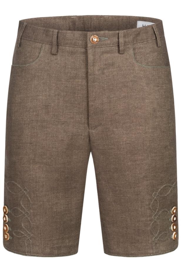 Eine kurze, braune Trachtenhose mit Stickereien und Knöpfen am Bein.