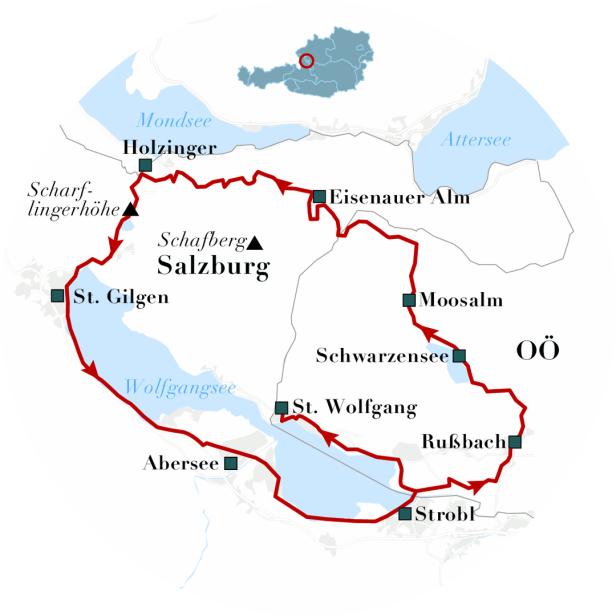 Eine Karte der Region um den Wolfgangsee in Österreich mit eingezeichneter Route.