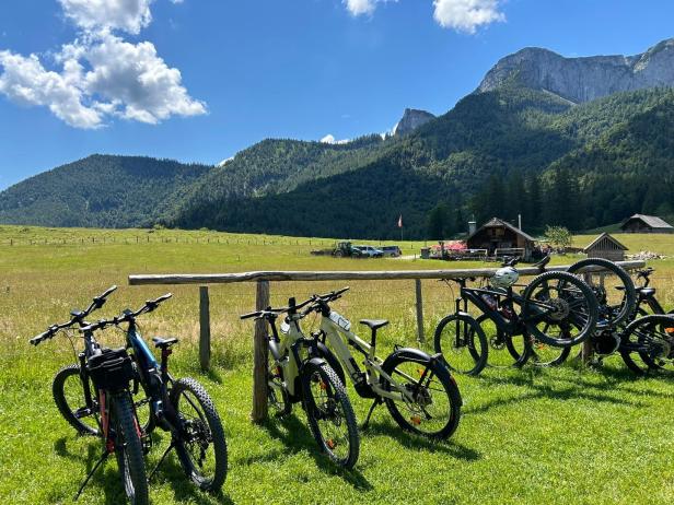 Mehrere Fahrräder stehen vor einer Almwiese mit Bergen im Hintergrund.