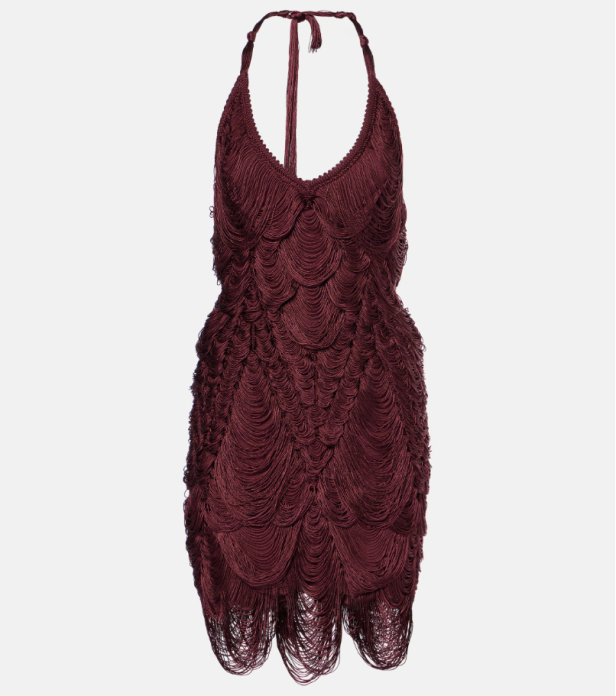 Ein ärmelloses, weinrotes Fransenkleid von Ferragamo.