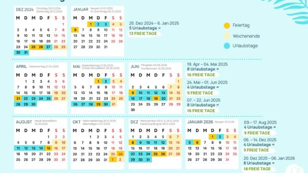 Ein Kalender für 2024 und 2025 mit hervorgehobenen Feiertagen und Urlaubszeiten.