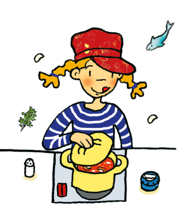 Ein Mädchen mit Zöpfen und rotem Hut kocht eine Fischsuppe.