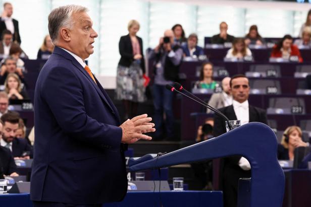 Hungary's Orban addresses European Parliament, in Strasbourg