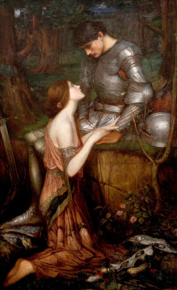 Eine Frau kniet vor einem Ritter in Rüstung, wie in Waterhouses „Lamia“.