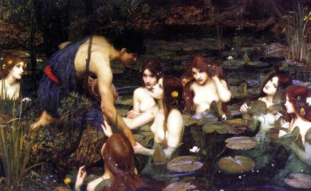 Gemälde von John William Waterhouse: Hylas und die Nymphen an einem dunklen Teich.