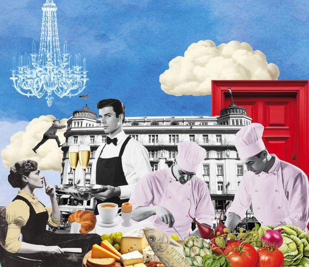 Eine Collage mit Kellnern, Köchen, Speisen und einer eleganten Dame vor einem Hotel.