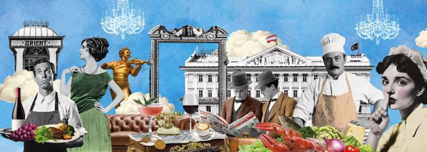 Eine Collage mit Elementen aus Gastronomie, Kultur und Architektur vor blauem Himmel.