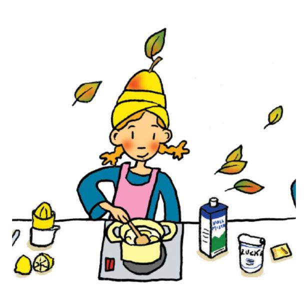 Eine Illustration zeigt ein Mädchen mit einem Birnenhut, das Reis kocht.