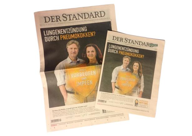 Pneumokokken-Aufklärung - VFI- Verein zur Förderung der Impfaufklärung - Pfizer Corporation - Print - St. Stephen's Zwei Ausgaben der Zeitung „Der Standard“ mit einer Anzeige für eine Impfung gegen Lungenentzündung.