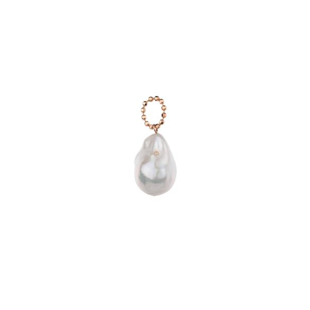Ein Anhänger mit einer Barockperle und einem Ring aus kleinen goldenen Kugeln.