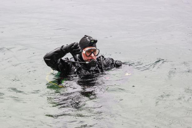 Taucher bereit zum Abtauchen im Attersee