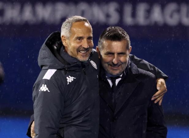 Monaco-Trainer Adi Hütter (l.) mit Zagreb-Coach Nenad Bjelica