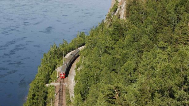 Ein Zug fährt entlang einer Bahnstrecke am Ufer eines Sees, umgeben von Bäumen.