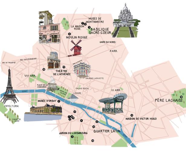 Eine illustrierte Karte von Paris mit Sehenswürdigkeiten wie dem Eiffelturm und dem Moulin Rouge.