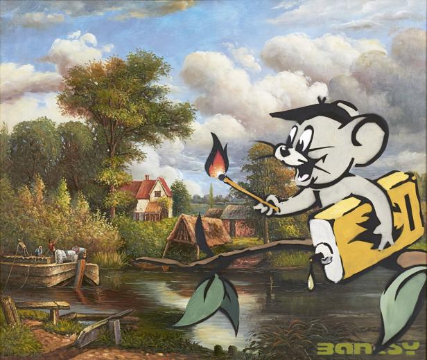 Jerry aus „Tom und Jerry“ hält ein Streichholz vor einem traditionellen Landschaftsgemälde.