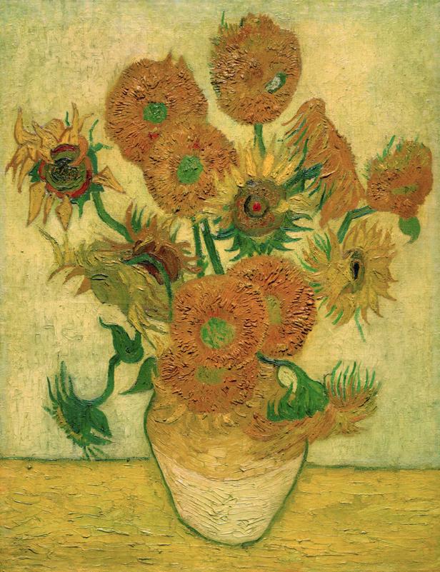 Ein Gemälde von Vincent van Gogh zeigt eine Vase mit Sonnenblumen.