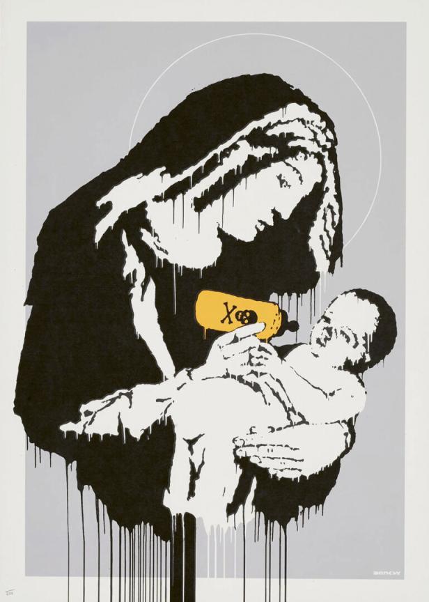 Eine stilisierte Mutter mit Heiligenschein füttert ihr Kind mit einer gelben Giftflasche.