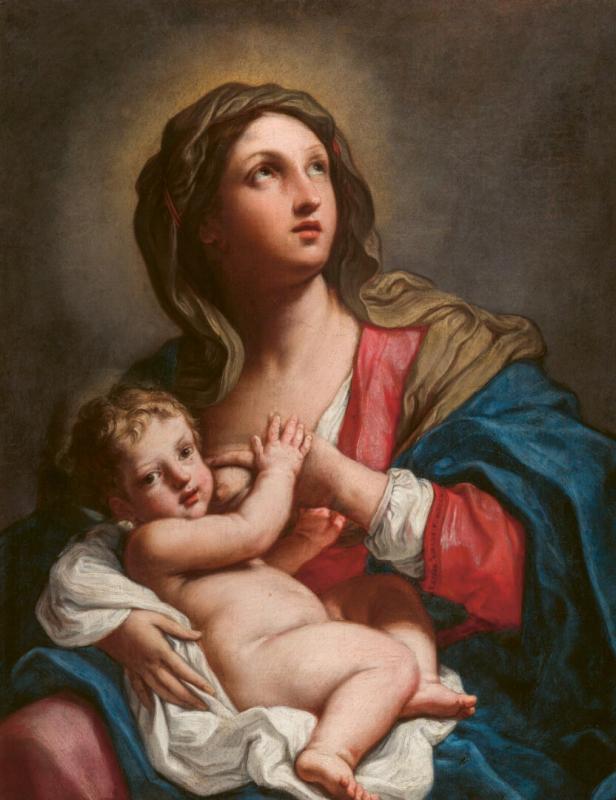 Eine Darstellung der stillenden Jungfrau Maria mit dem Jesuskind auf dem Arm.