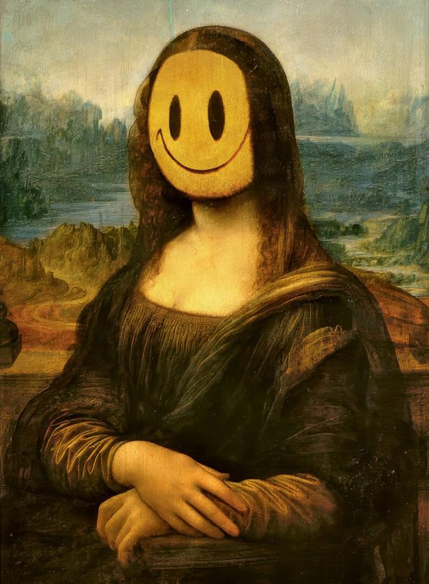 Eine humorvolle Version der Mona Lisa mit einem gelben Smiley-Gesicht.