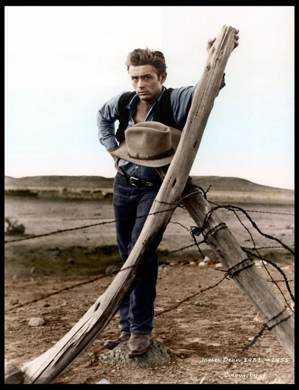 James Dean lehnt an einem Zaun in einer ländlichen Szene.