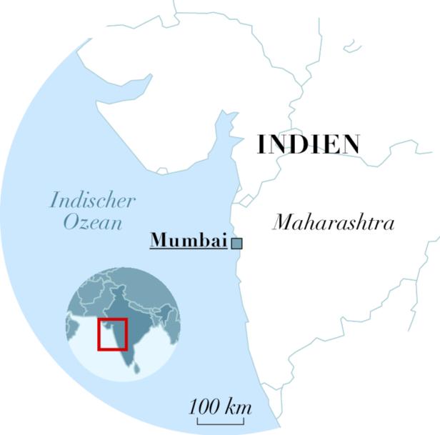 Eine Karte von Indien, die die Lage von Mumbai in Maharashtra zeigt.