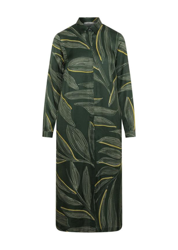 Ein grünes Hemdkleid mit einem Muster aus stilisierten Blättern in Weiß und Gelb.
