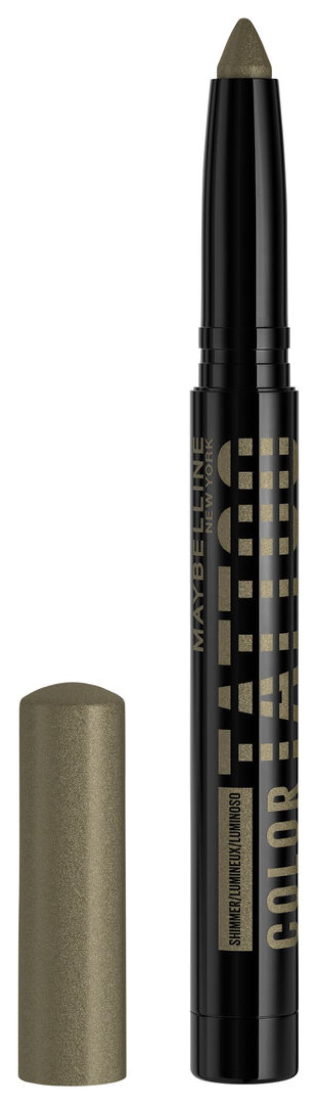 Ein olivgrüner Lidschattenstift von Maybelline mit abgenommener Kappe.