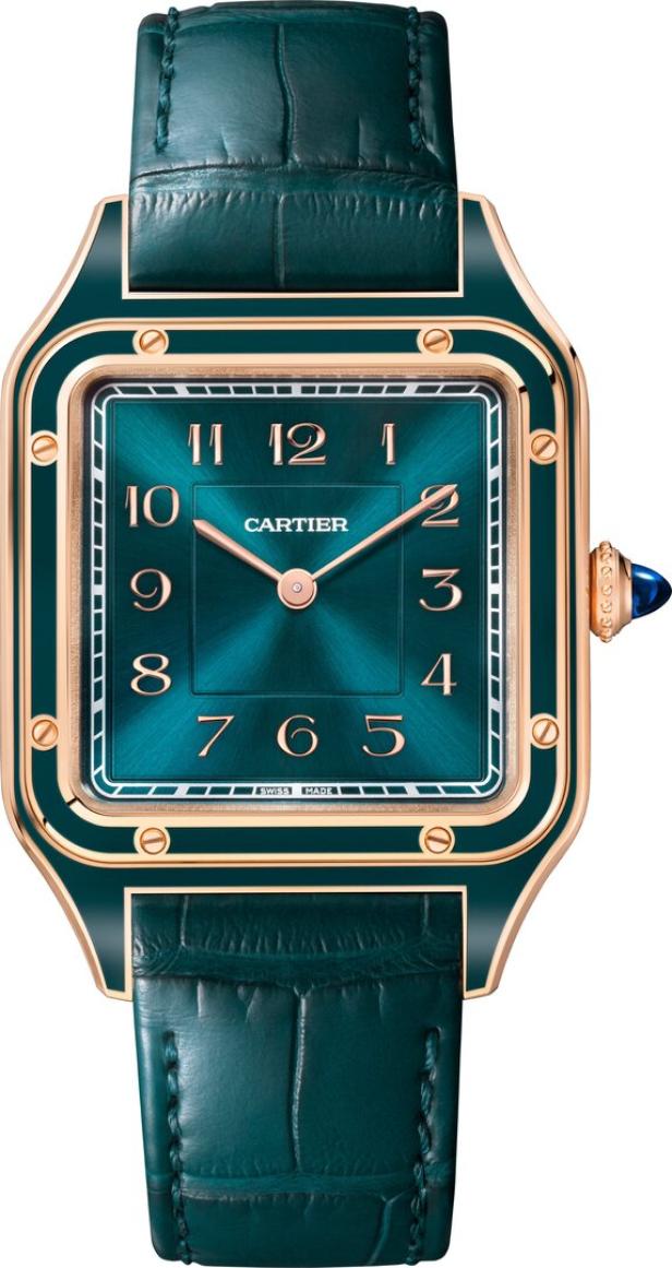 Eine Cartier Santos Damenuhr mit einem grünen Zifferblatt und einem Alligatorlederarmband.