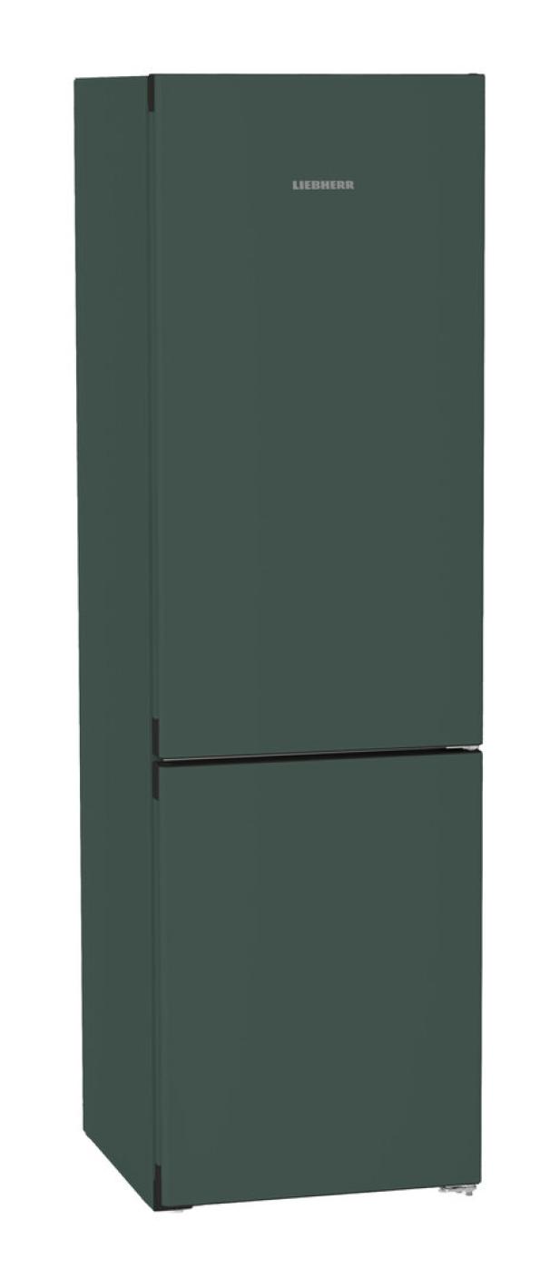 Ein dunkelgrüner Kühlschrank der Marke Liebherr steht vor einem weißen Hintergrund.