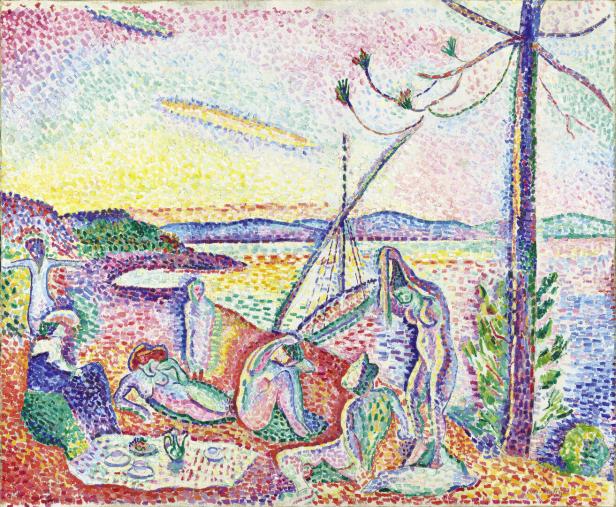 Das Gemälde zeigt Henri Matisses „Luxe, Calme et Volupté“ mit Badenden am Meer.