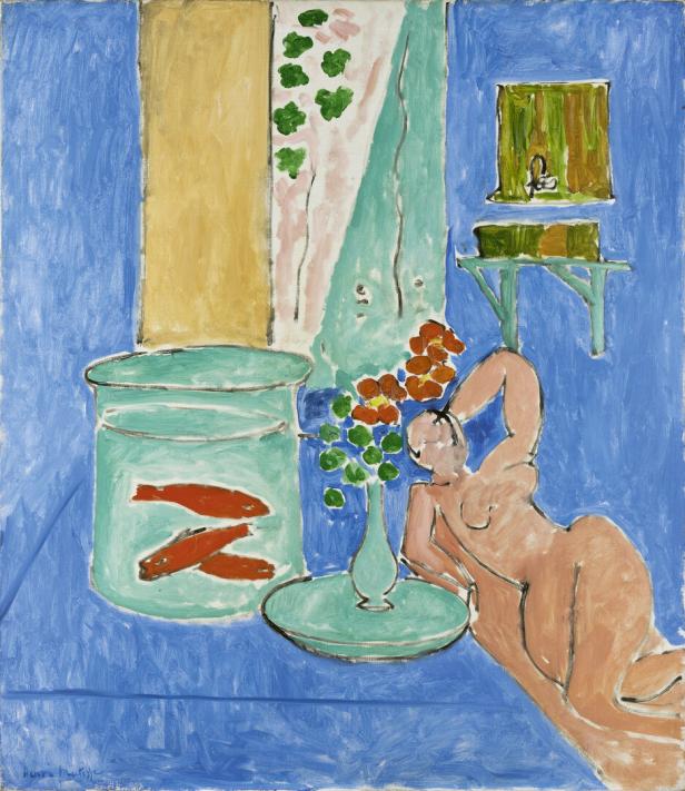 Ein Gemälde von Henri Matisse mit einem Akt, Goldfischen und Blumen.