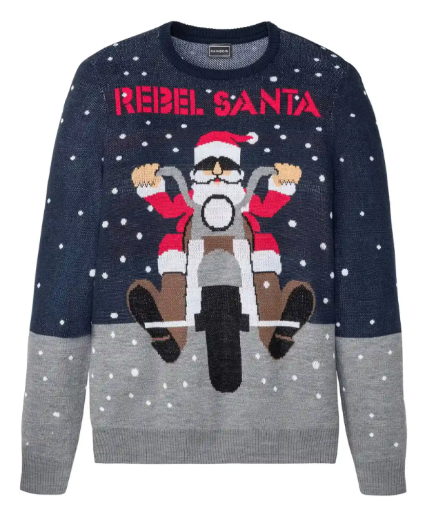 Ein Weihnachtspullover mit einem Weihnachtsmann, der auf einem Motorrad fährt, und dem Schriftzug „Rebel Santa“.