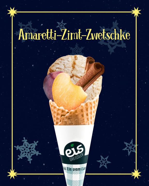 Ein Eis von Greissler mit Amaretti, Zimt und Zwetschke in einer Waffel.