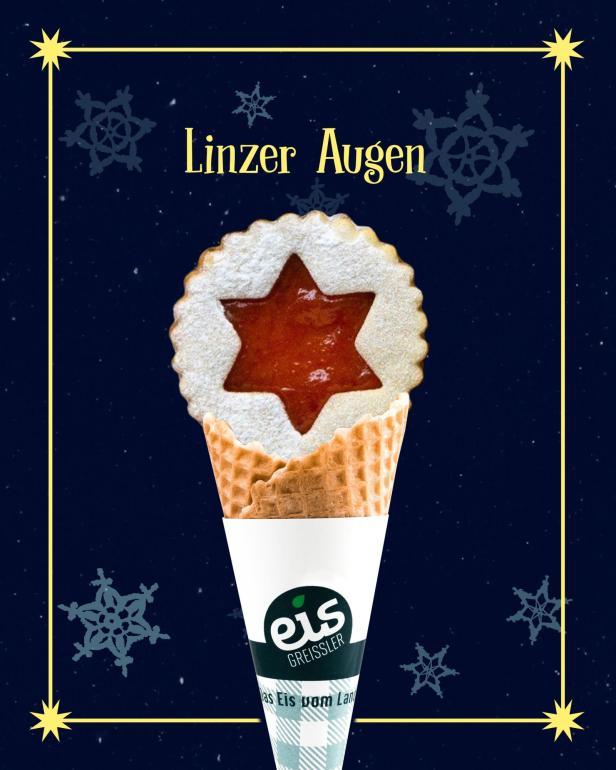 Ein Linzer Auge Keks auf einer Eiswaffel von „Eis Greissler“.