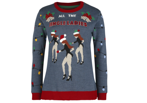 Ein grauer Weihnachtspullover mit dem Aufdruck „All the Jingle Ladies“ und tanzenden Frauen mit Weihnachtsmützen.