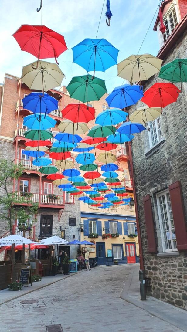 Bunte Schirme hängen in den Straßen von Quebec, unten Lokale und Kopfsteinpflaster