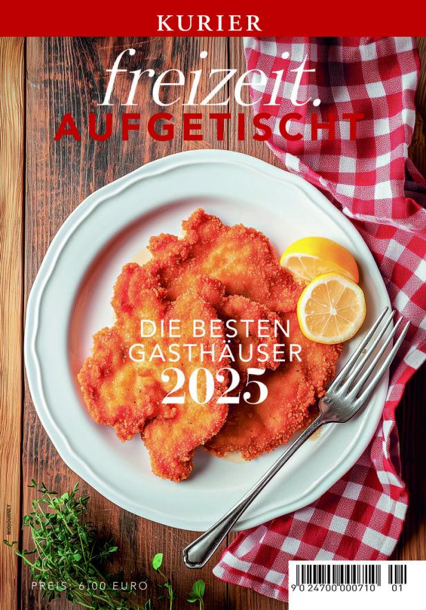 Ein Teller mit Wiener Schnitzel und Zitrone, beworben als „Die besten Gasthäuser 2025“.