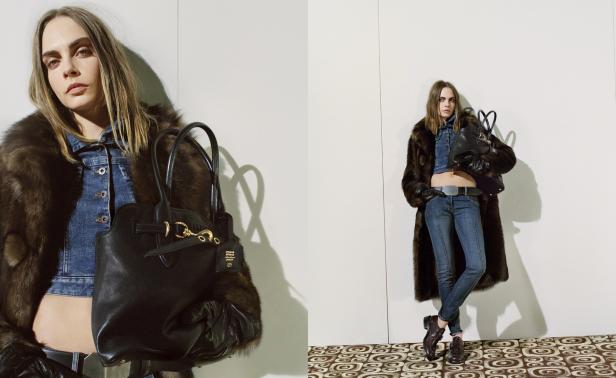 Cara Delevingne präsentiert eine Miu Miu Handtasche und einen Pelzmantel.