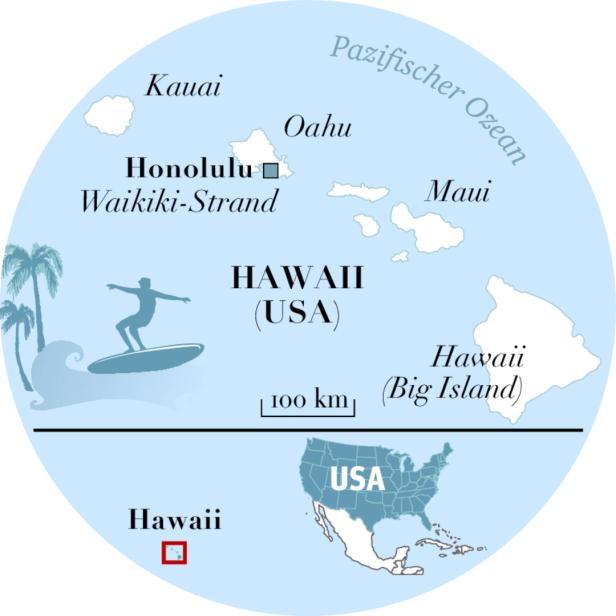 Eine Karte von Hawaii mit den Inseln Kauai, Oahu, Maui und Hawaii (Big Island).
