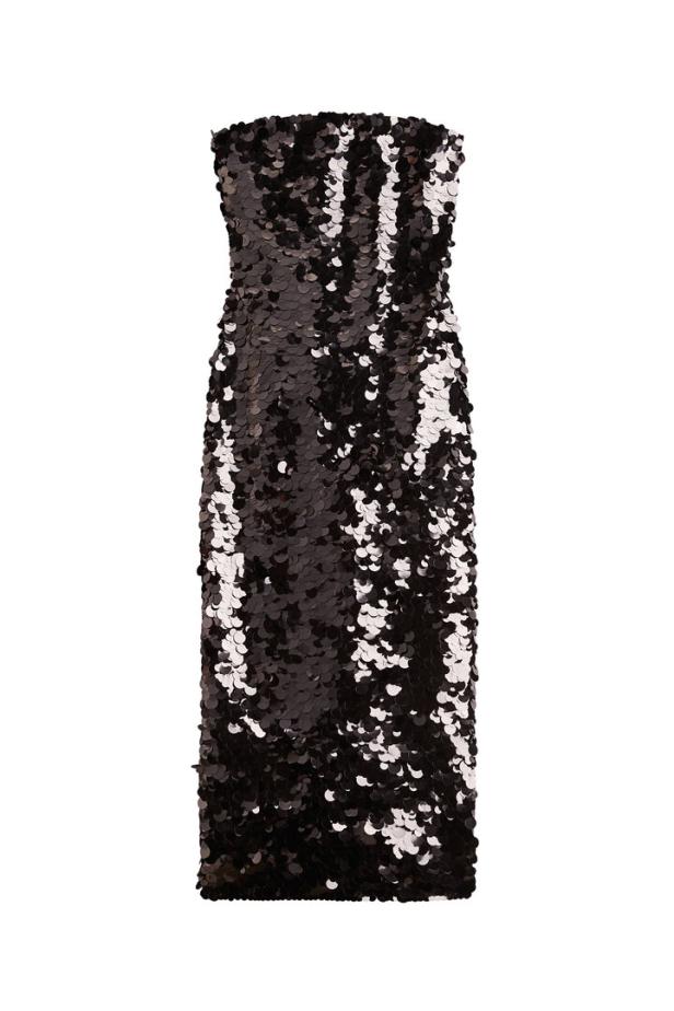 Ein ärmelloses, paillettenbesetztes Kleid in Schwarz und Silber.