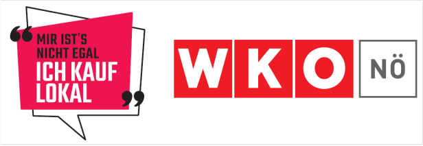 Das Logo der WKONÖ mit dem Spruch "Mir ist's nicht egal. Ich kauf lokal." daneben.